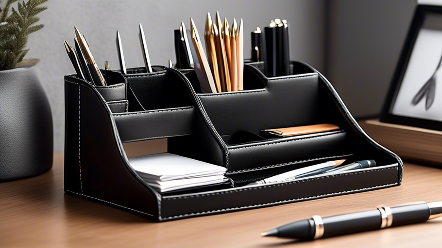 Sleek Distinction: Black Leather Desk Organizer