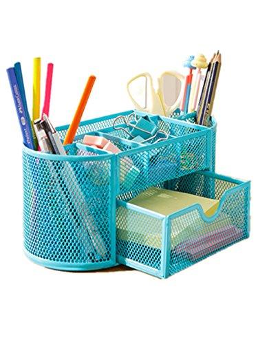 Space Saving Desk Tidy Multi-functional Metal Wire Mesh 9 Compartment Office / School Supply Desktop Organizer Caddy W/ Large Drawer (Blue)