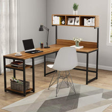 Load image into Gallery viewer, Discover the best tribesigns l shaped desk with hutch 68 corner computer desk gaming table workstation with storage bookshelf for home office dark walnut