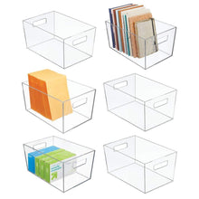 Load image into Gallery viewer, Storage mdesign plastic storage bin with handles for office desk book shelf filing cabinet organizer for sticky notes pens notepads pencils supplies 12 long 6 pack clear