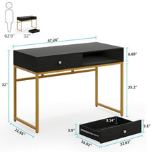 Load image into Gallery viewer, Shop here tribesigns computer desk modern simple home office gold desk study table writing desk workstation with 2 storage drawers makeup vanity console table 47 inch black