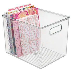 Save mdesign plastic storage bin with handles for office desk book shelf filing cabinet organizer for sticky notes pens notepads pencils supplies bpa free 10 long 4 pack clear