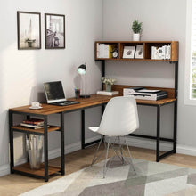 Load image into Gallery viewer, Featured tribesigns l shaped desk with hutch 68 corner computer desk gaming table workstation with storage bookshelf for home office dark walnut