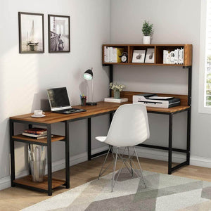 Featured tribesigns l shaped desk with hutch 68 corner computer desk gaming table workstation with storage bookshelf for home office dark walnut