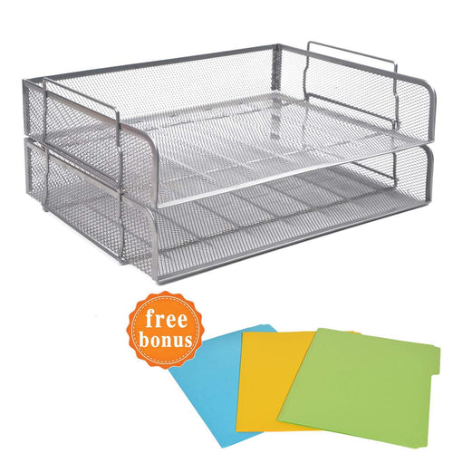 2 Tier Paper Letter Tray Desk Organizer Stackable Desktop File Document Organizer Metal Mesh Collection Office Desk Accessories with 3Pcs File Folders,Horizontal Silver