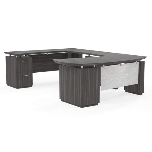 New mayline sterling series u shaped right handed desk system with bridge credenza box box file and file file pedestal 72 textured driftwood laminate