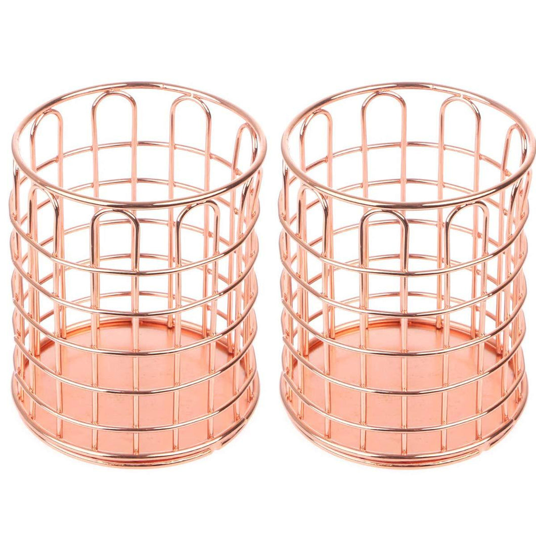 2 Pcs of Round Pen Cups, Abuff Rose Gold Wire Metal Desktop Pencil Holder Desk Organizer for Desk Office and School