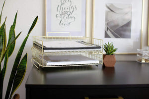 Blu Monaco Gold Desk Organizer Stackable Paper Tray Set of 2 - Metal Wire Two Tier Tray - Stackable Letter Tray - Inbox Tray for Desk