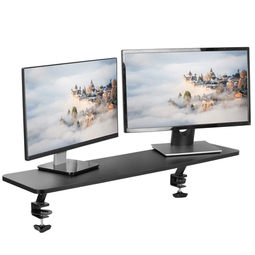 On amazon vivo black clamp on large 40 inch ergonomic desk shelf dual computer monitor and laptop riser stand desk organizer for 2 screens stand shelf40b