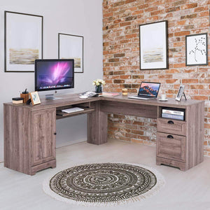Try tangkula 66 66 l shaped desk corner computer desk with drawers and storage shelf home office desk sturdy and space saving writing table grey