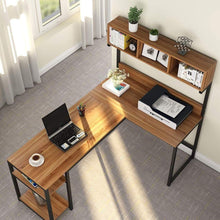 Load image into Gallery viewer, Get tribesigns l shaped desk with hutch 68 corner computer desk gaming table workstation with storage bookshelf for home office dark walnut