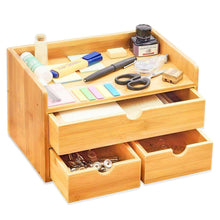 Load image into Gallery viewer, Shop here 100 natural bamboo wood shelf organizer for desk with drawers mini desk storage for office supplies toiletries crafts etc great for desk vanity tabletop in home or office