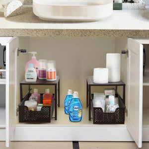 Buy now simple trending under sink cabinet organizer with sliding storage drawer desktop organizer for kitchen bathroom office stackbale bronze