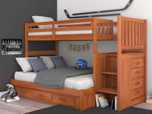 Load image into Gallery viewer, Try discovery world furniture mission twin over full staircase bunk bed with 3 drawers desk hutch chair and 5 drawer chest in honey finish