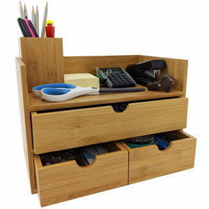 New sherwood co 3 tier bamboo desk organizer with drawers perfect for desk office supplies vanity kitchen and home or office tabletop with bonus pen pencil holder