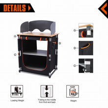 Load image into Gallery viewer, Amazon kingcamp foldable cook prep station serve cart campers kitchen aluminum frame bamboo desktop cooking table with storage organizer windscreen for camping picnic bbq and outdoor