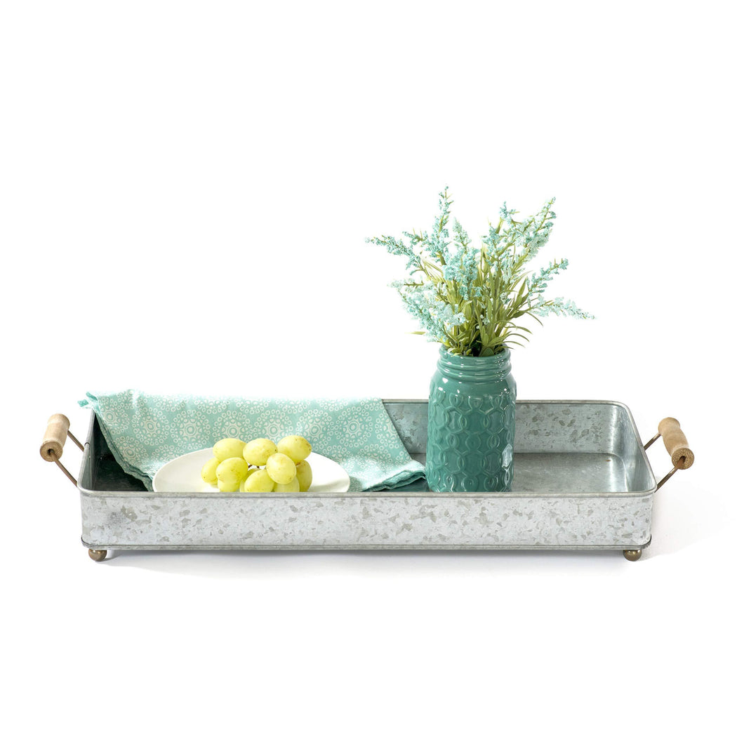 GRILA Rustic Metal Serving Tray -Wooden Handles Cute Ball feet Table Decor Serving Coffee Coco Home Dining centerpieces Office Desk Organizer Country Farmhouse Kitchen Decorative Functional Well Made
