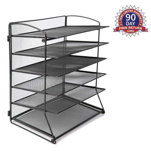 Desk Top File Organizer with 6 Metal Trays Holder for Document Folder Letter Magazine and Paper Rack Home Office Black(Black)