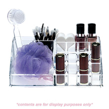 Load image into Gallery viewer, Save acrylic makeup organizer and holder storage for make up brushes lipstick and cosmetic supplies fits on counter top vanity or desk clear