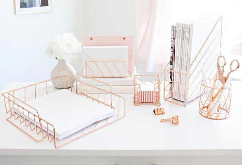 Blu Monaco Rose Gold Desk Organizer - 5 Piece Desk Accessories Set - Letter - Mail Organizer, Paper Tray, Pen Cup, Magazine File - Diagonal Pattern