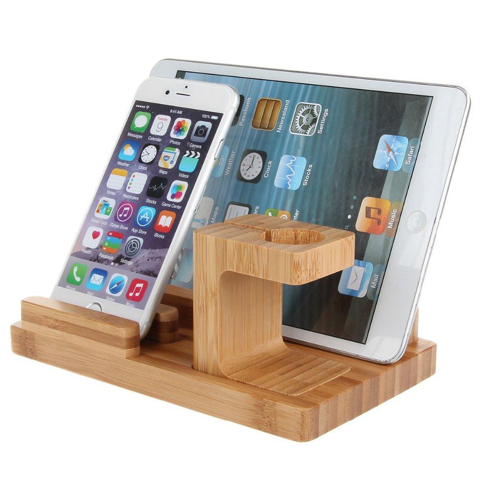 iPM Bamboo Wooden Dock For Apple Watch, iPhone, iPad & Desk Organizer